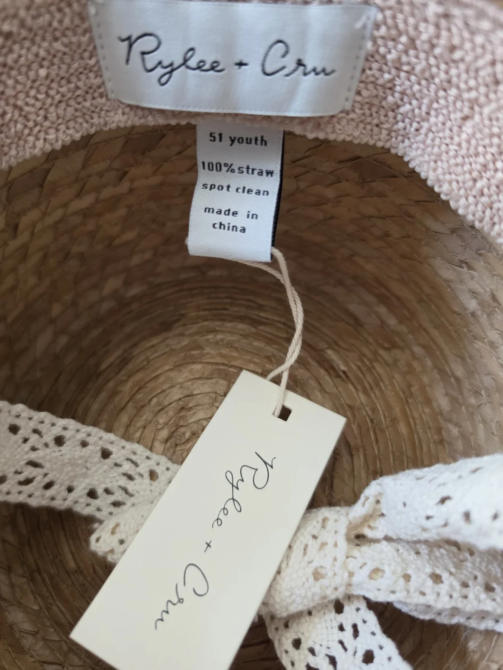 Rylee + Cru Natural Straw Sun Hat with White Lace Trim